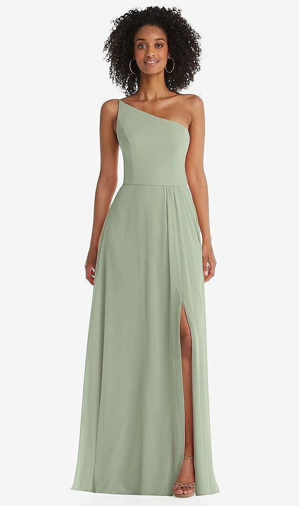 one-shoulder chiffon maxi dress with shirred front slit
