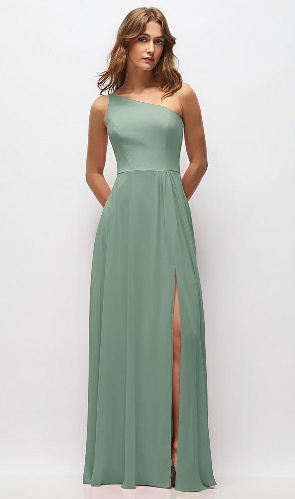 one-shoulder chiffon maxi dress with shirred front slit
