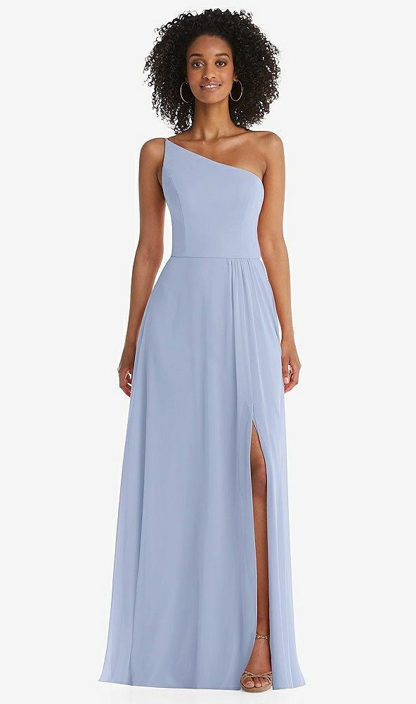 one-shoulder chiffon maxi dress with shirred front slit