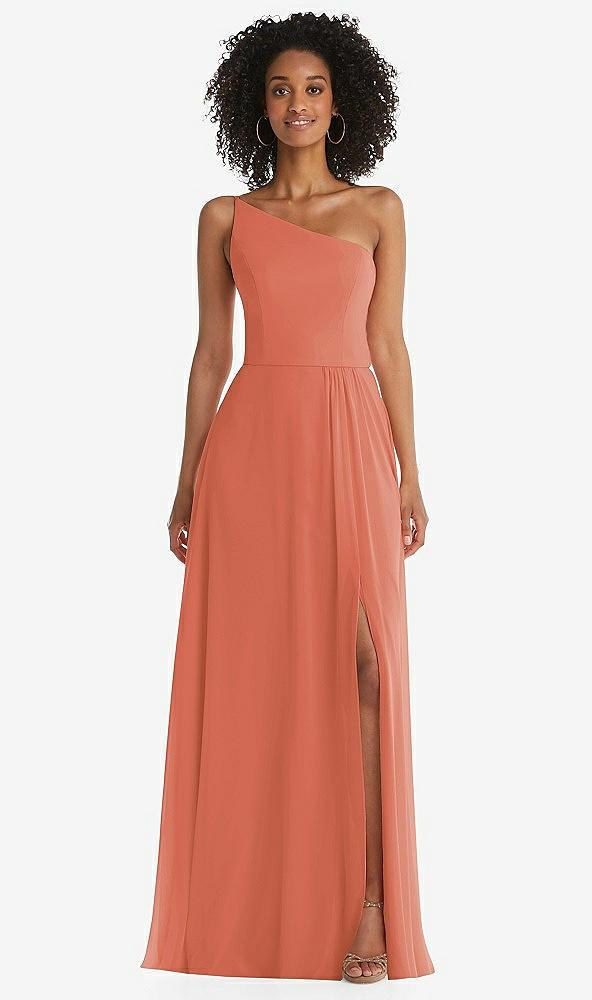 one-shoulder chiffon maxi dress with shirred front slit
