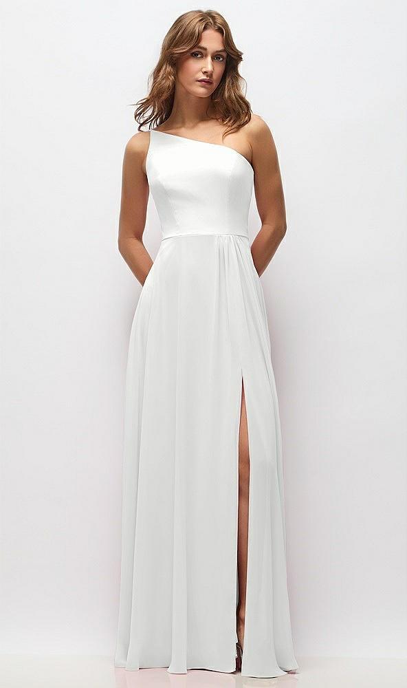 one-shoulder chiffon maxi dress with shirred front slit