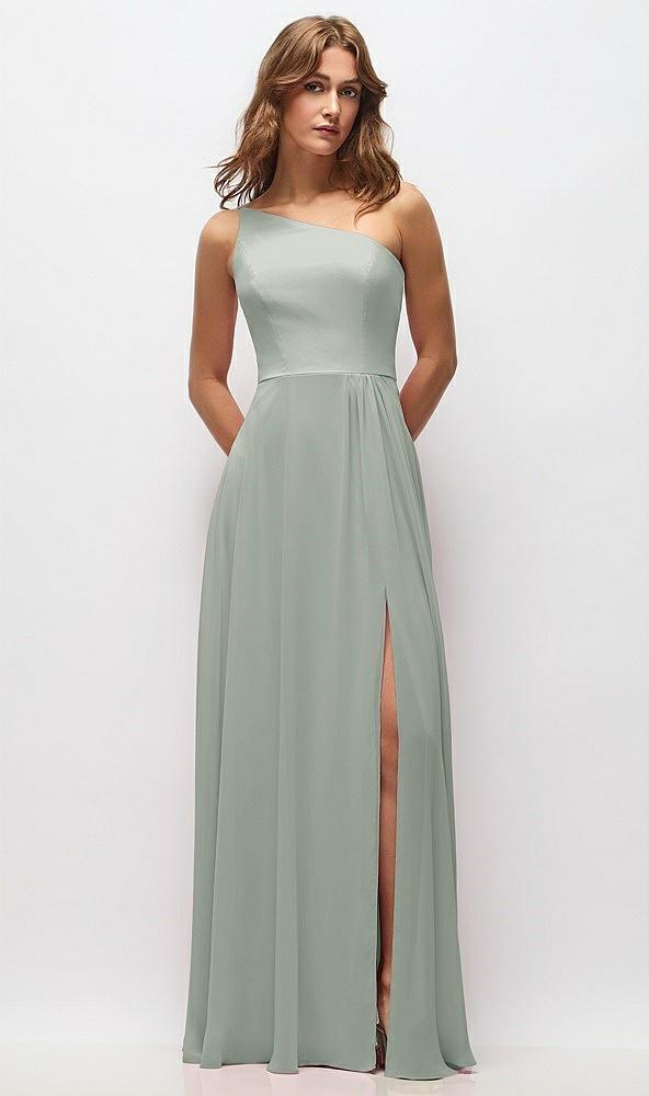 one-shoulder chiffon maxi dress with shirred front slit