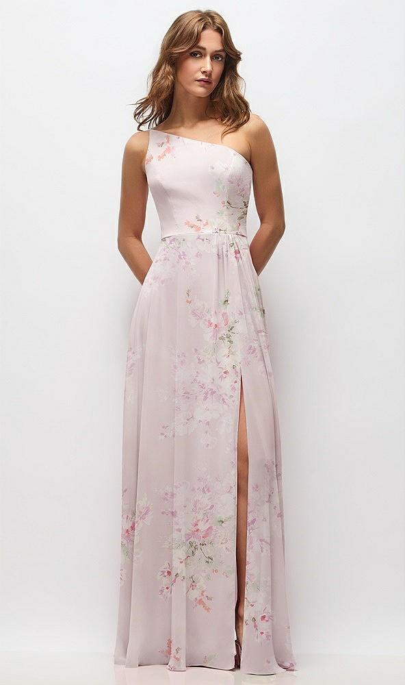 one-shoulder chiffon maxi dress with shirred front slit