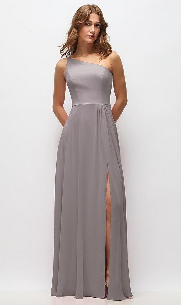 one-shoulder chiffon maxi dress with shirred front slit