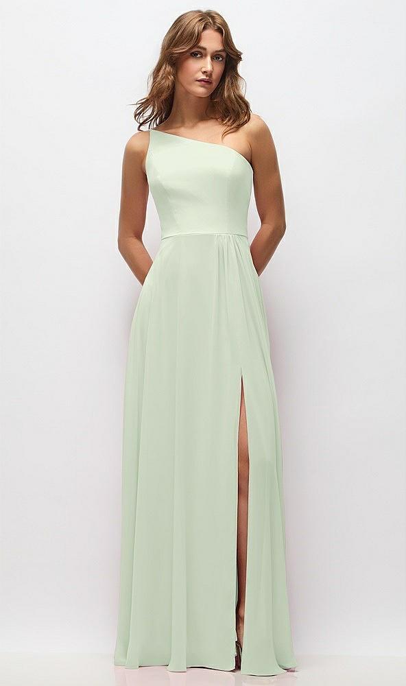 one-shoulder chiffon maxi dress with shirred front slit