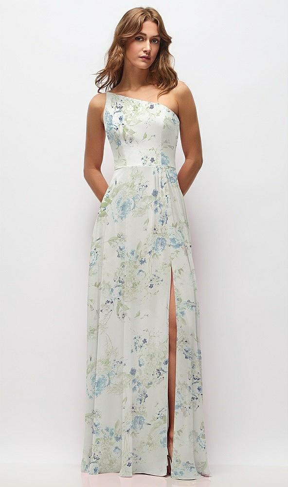 one-shoulder chiffon maxi dress with shirred front slit