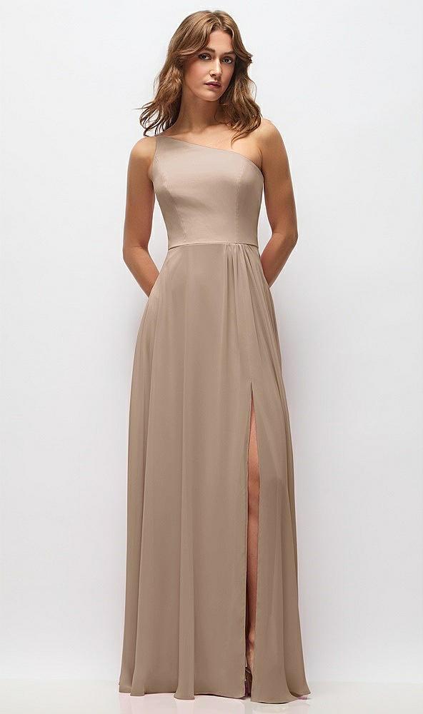 one-shoulder chiffon maxi dress with shirred front slit