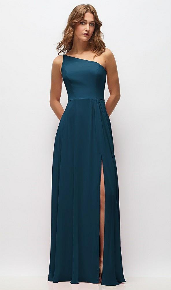 one-shoulder chiffon maxi dress with shirred front slit