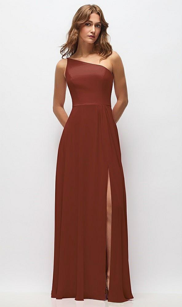 one-shoulder chiffon maxi dress with shirred front slit