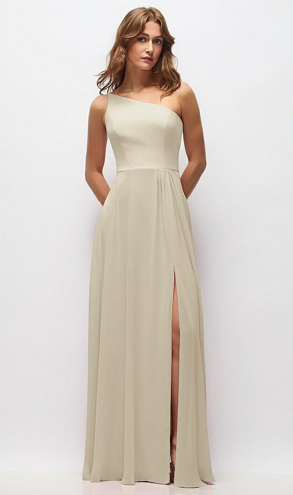 one-shoulder chiffon maxi dress with shirred front slit