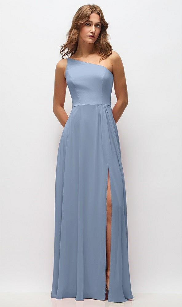 one-shoulder chiffon maxi dress with shirred front slit