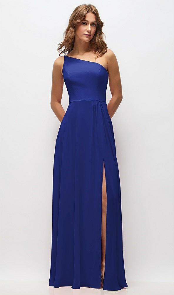 one-shoulder chiffon maxi dress with shirred front slit