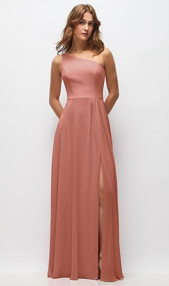 one-shoulder chiffon maxi dress with shirred front slit