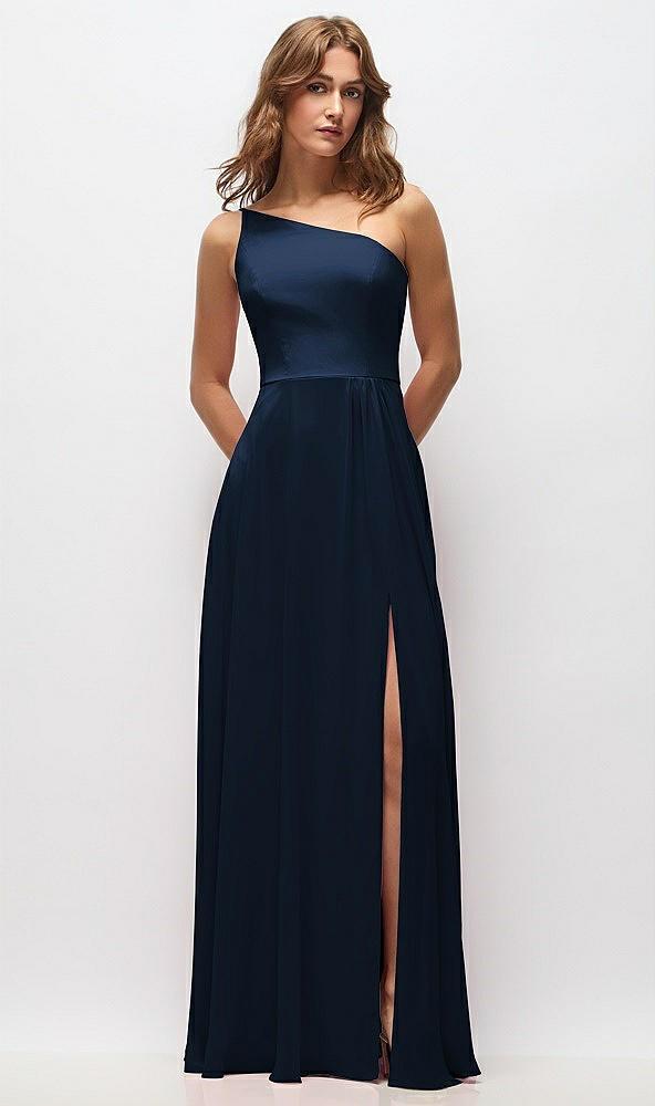 one-shoulder chiffon maxi dress with shirred front slit