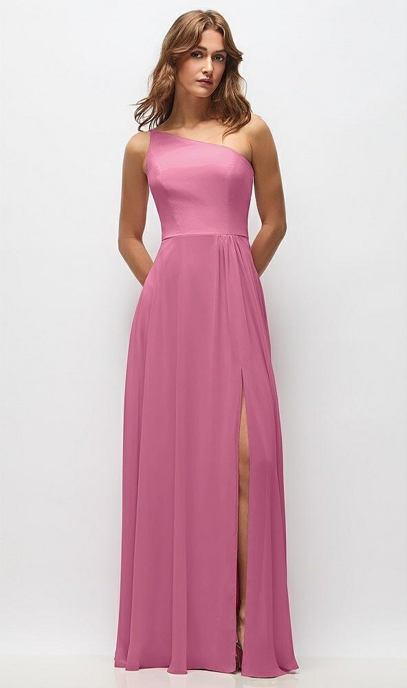 one-shoulder chiffon maxi dress with shirred front slit