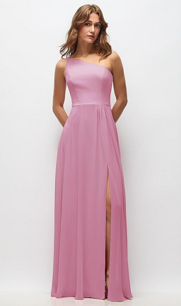 one-shoulder chiffon maxi dress with shirred front slit