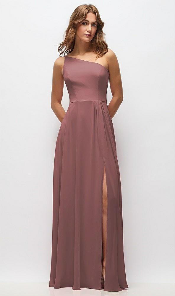 one-shoulder chiffon maxi dress with shirred front slit