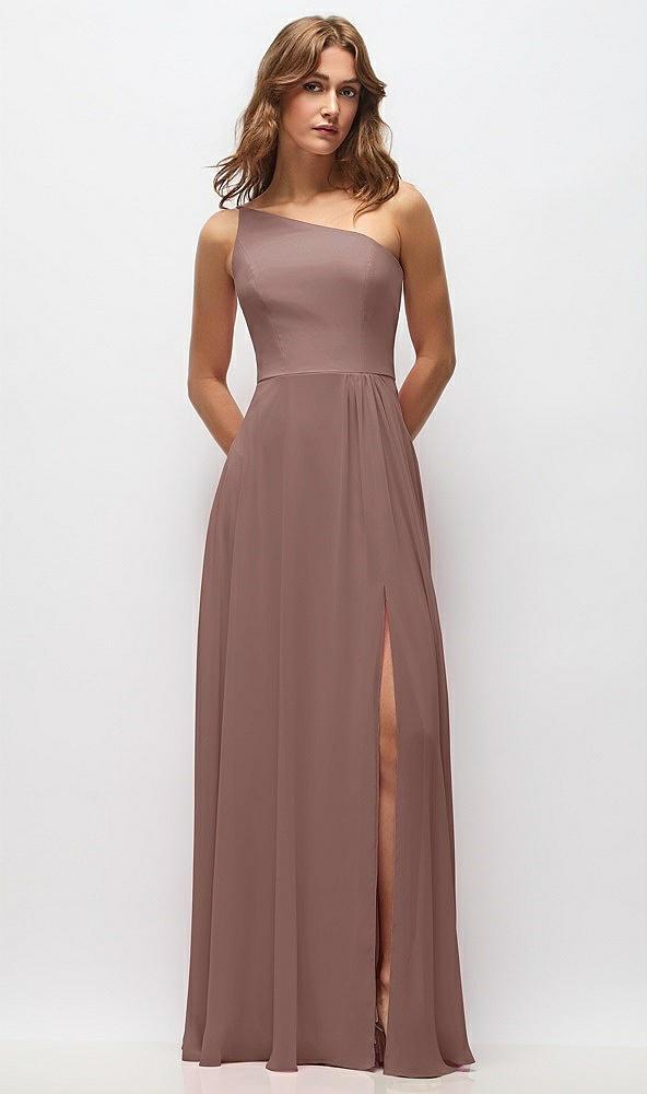 one-shoulder chiffon maxi dress with shirred front slit