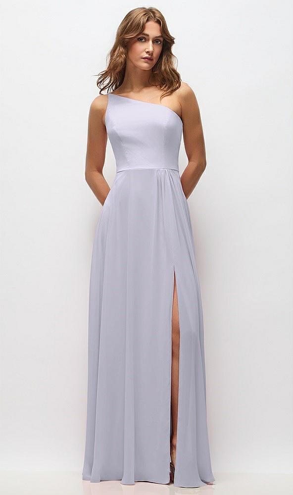 one-shoulder chiffon maxi dress with shirred front slit