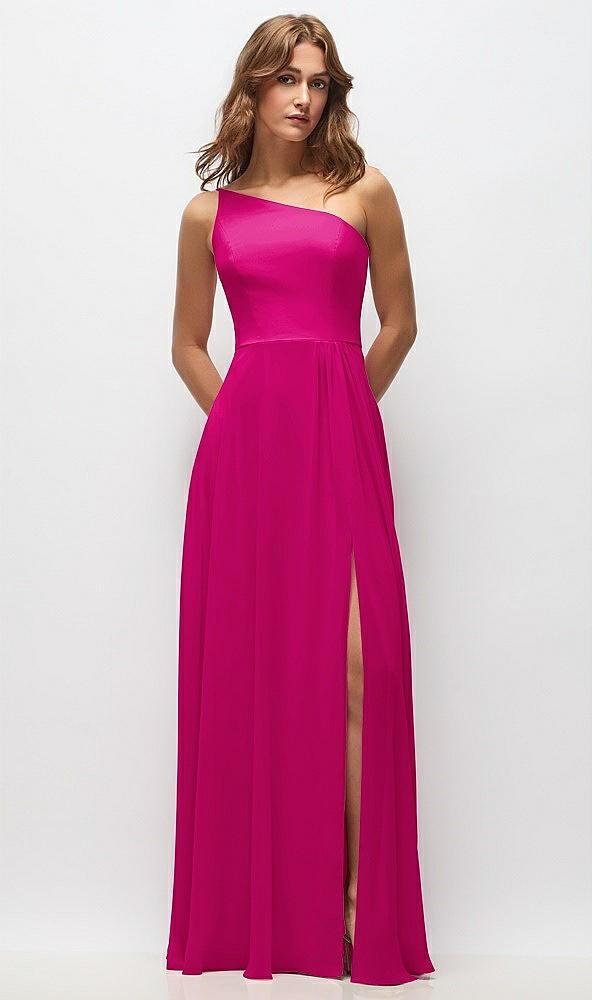 one-shoulder chiffon maxi dress with shirred front slit