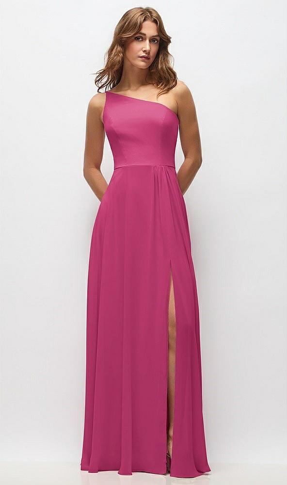 one-shoulder chiffon maxi dress with shirred front slit