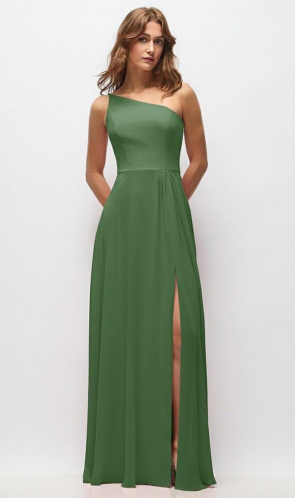 one-shoulder chiffon maxi dress with shirred front slit