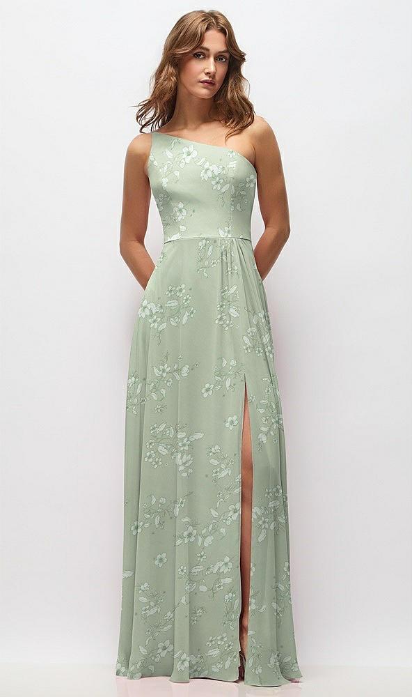 one-shoulder chiffon maxi dress with shirred front slit
