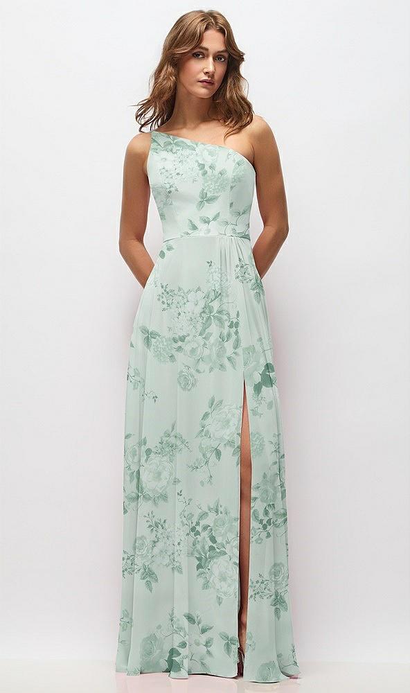 one-shoulder chiffon maxi dress with shirred front slit