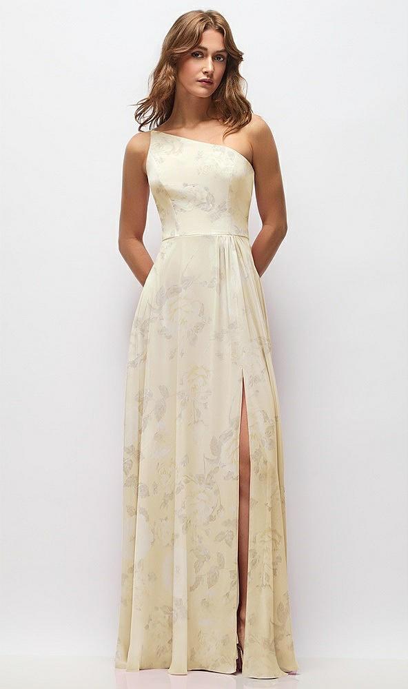 one-shoulder chiffon maxi dress with shirred front slit