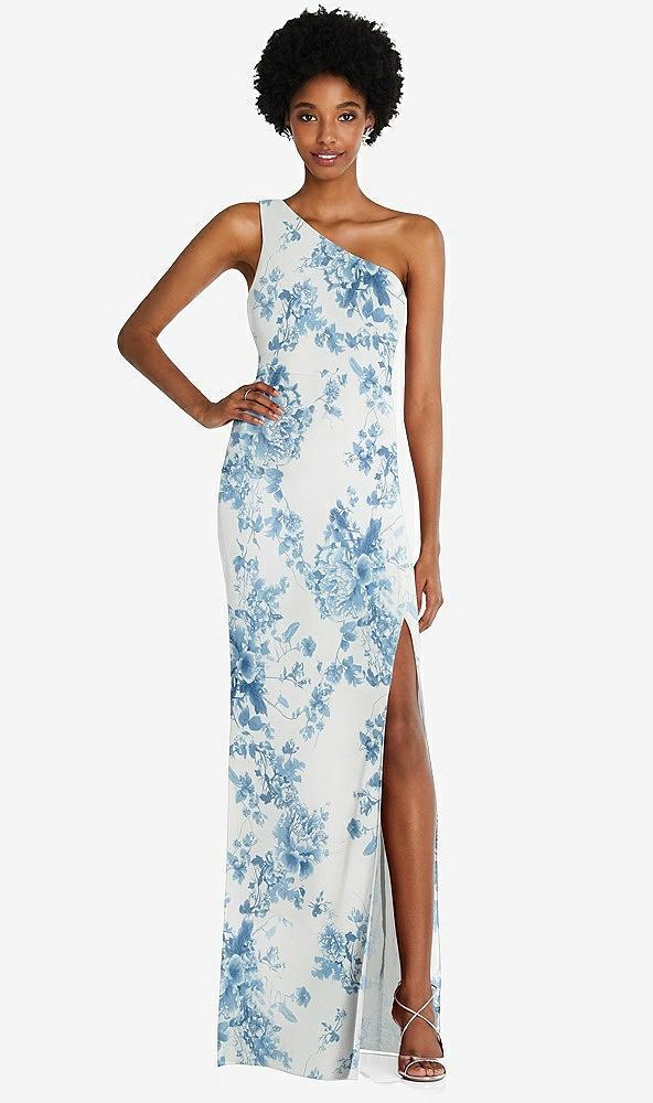 one-shoulder chiffon trumpet gown