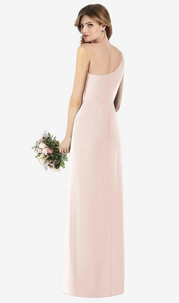 one-shoulder crepe trumpet gown with front slit