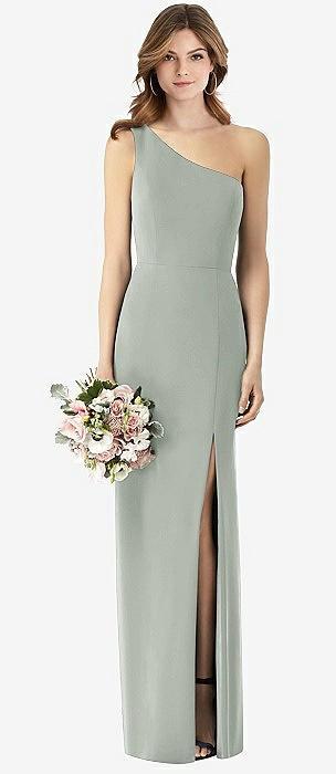 one-shoulder crepe trumpet gown with front slit
