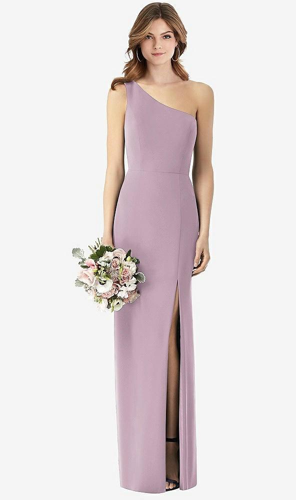 one-shoulder crepe trumpet gown with front slit
