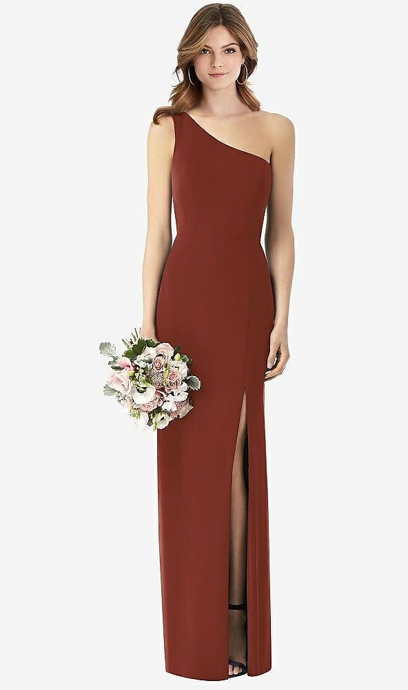 one-shoulder crepe trumpet gown with front slit