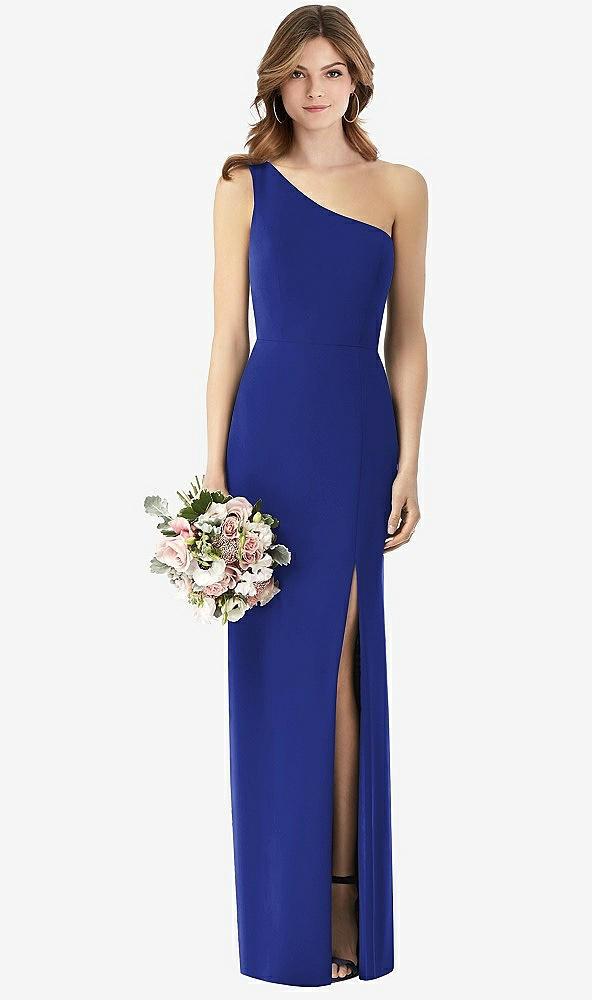 one-shoulder crepe trumpet gown with front slit