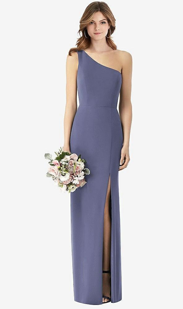 one-shoulder crepe trumpet gown with front slit