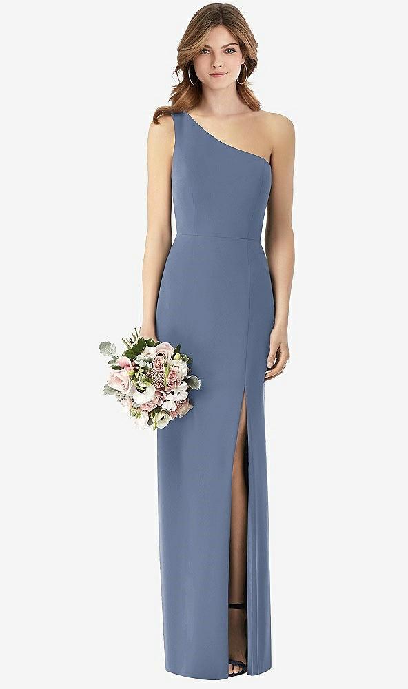 one-shoulder crepe trumpet gown with front slit