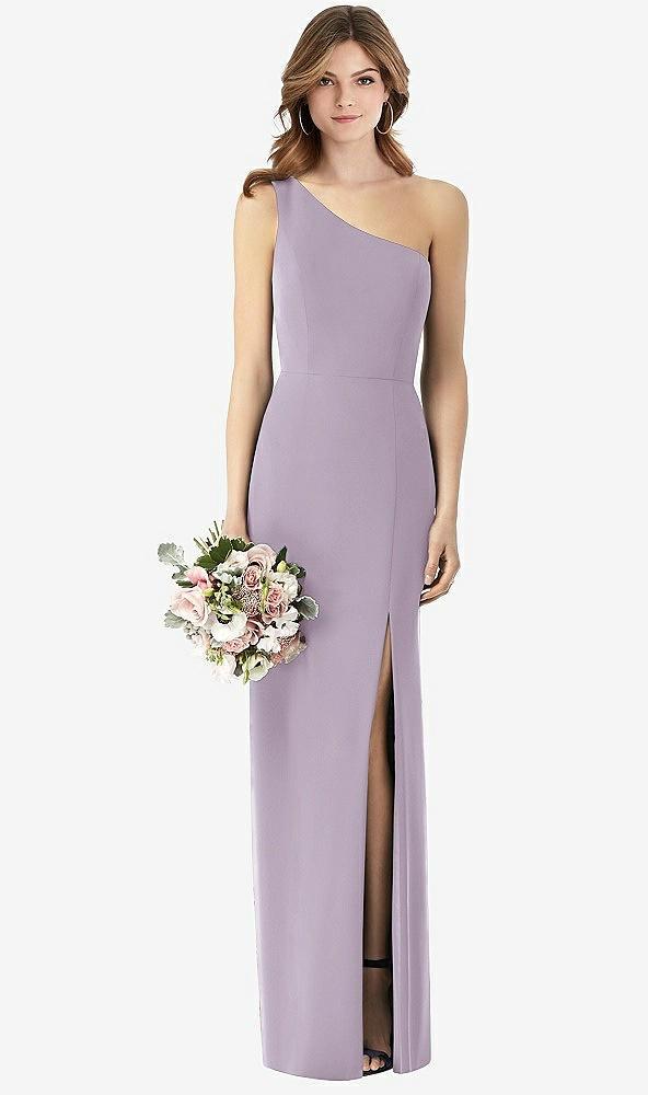 one-shoulder crepe trumpet gown with front slit