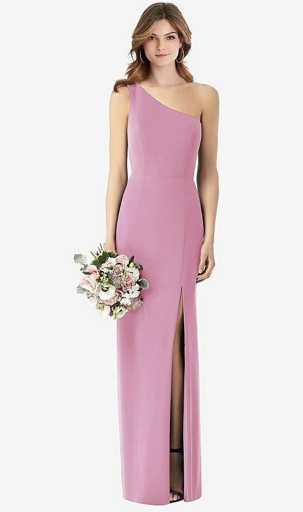 one-shoulder crepe trumpet gown with front slit
