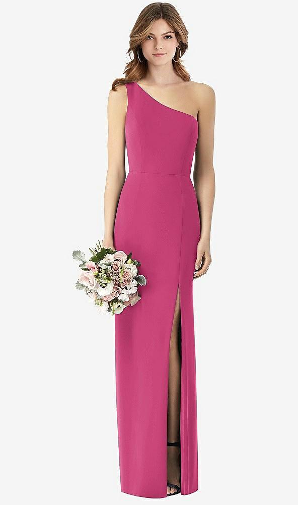 one-shoulder crepe trumpet gown with front slit