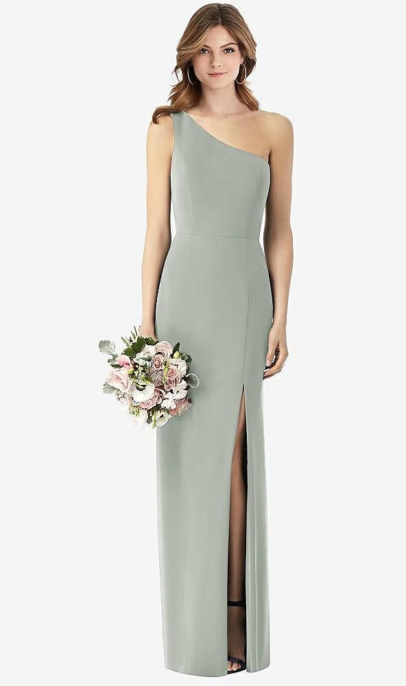 one-shoulder crepe trumpet gown with front slit