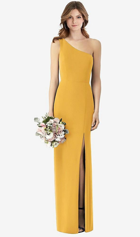 one-shoulder crepe trumpet gown with front slit