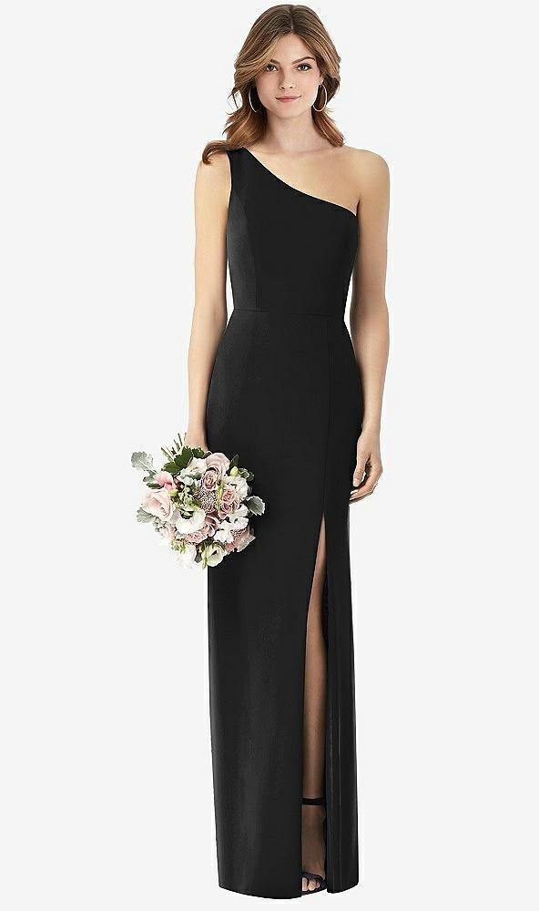 one-shoulder crepe trumpet gown with front slit