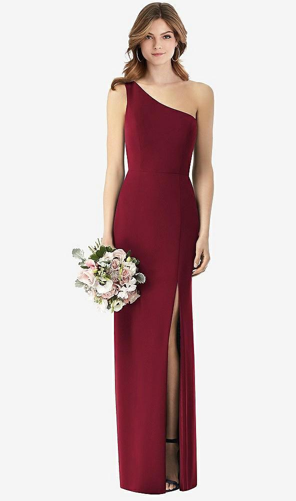 one-shoulder crepe trumpet gown with front slit