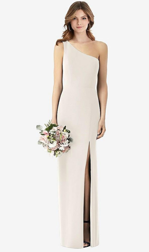 one-shoulder crepe trumpet gown with front slit