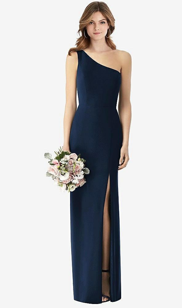one-shoulder crepe trumpet gown with front slit