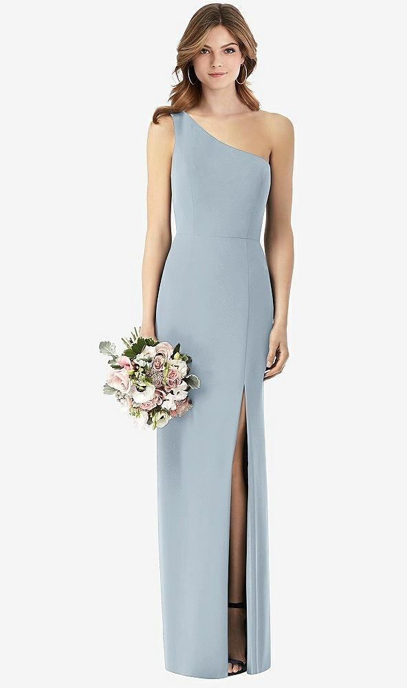 one-shoulder crepe trumpet gown with front slit