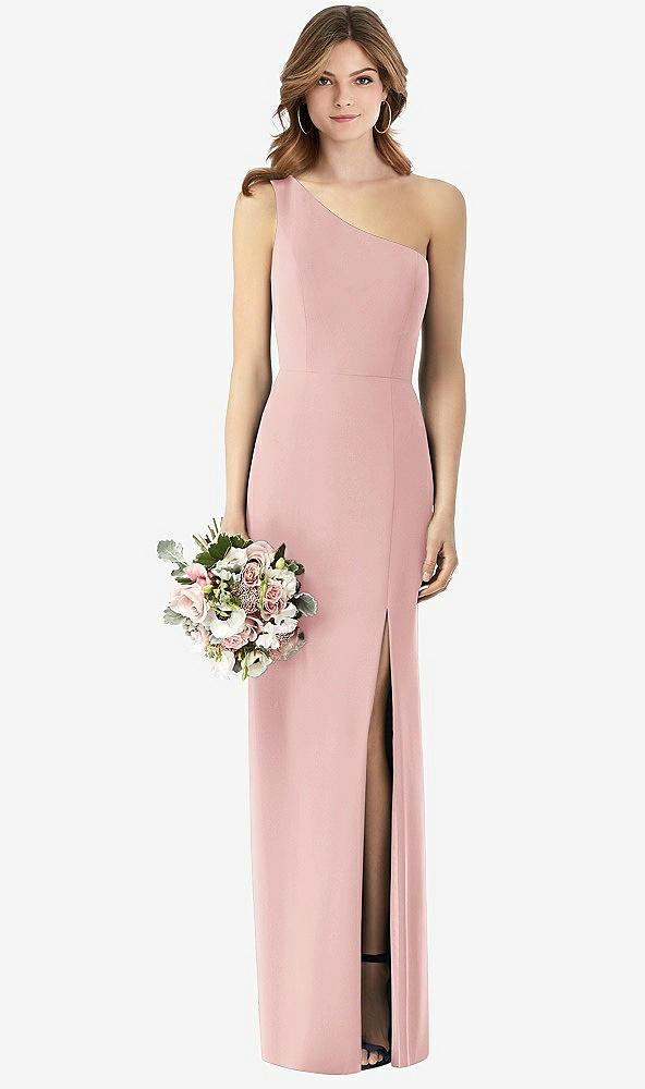 one-shoulder crepe trumpet gown with front slit