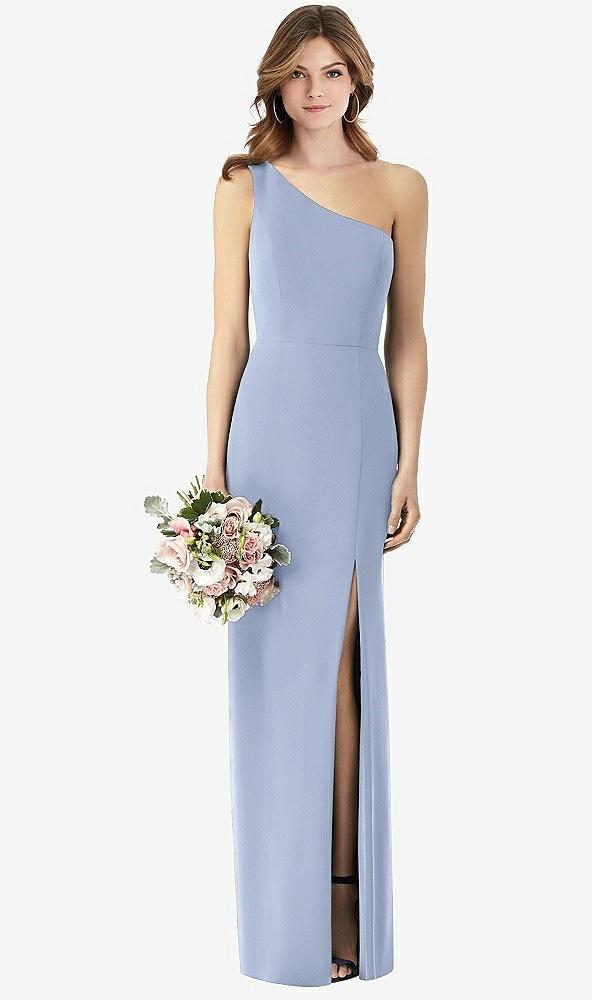 one-shoulder crepe trumpet gown with front slit
