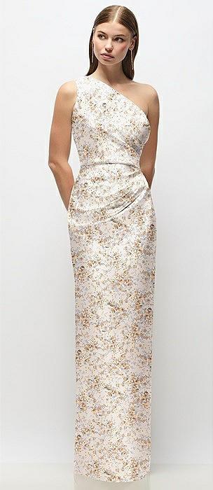 one-shoulder draped bodice floral stretch satin column maxi dress